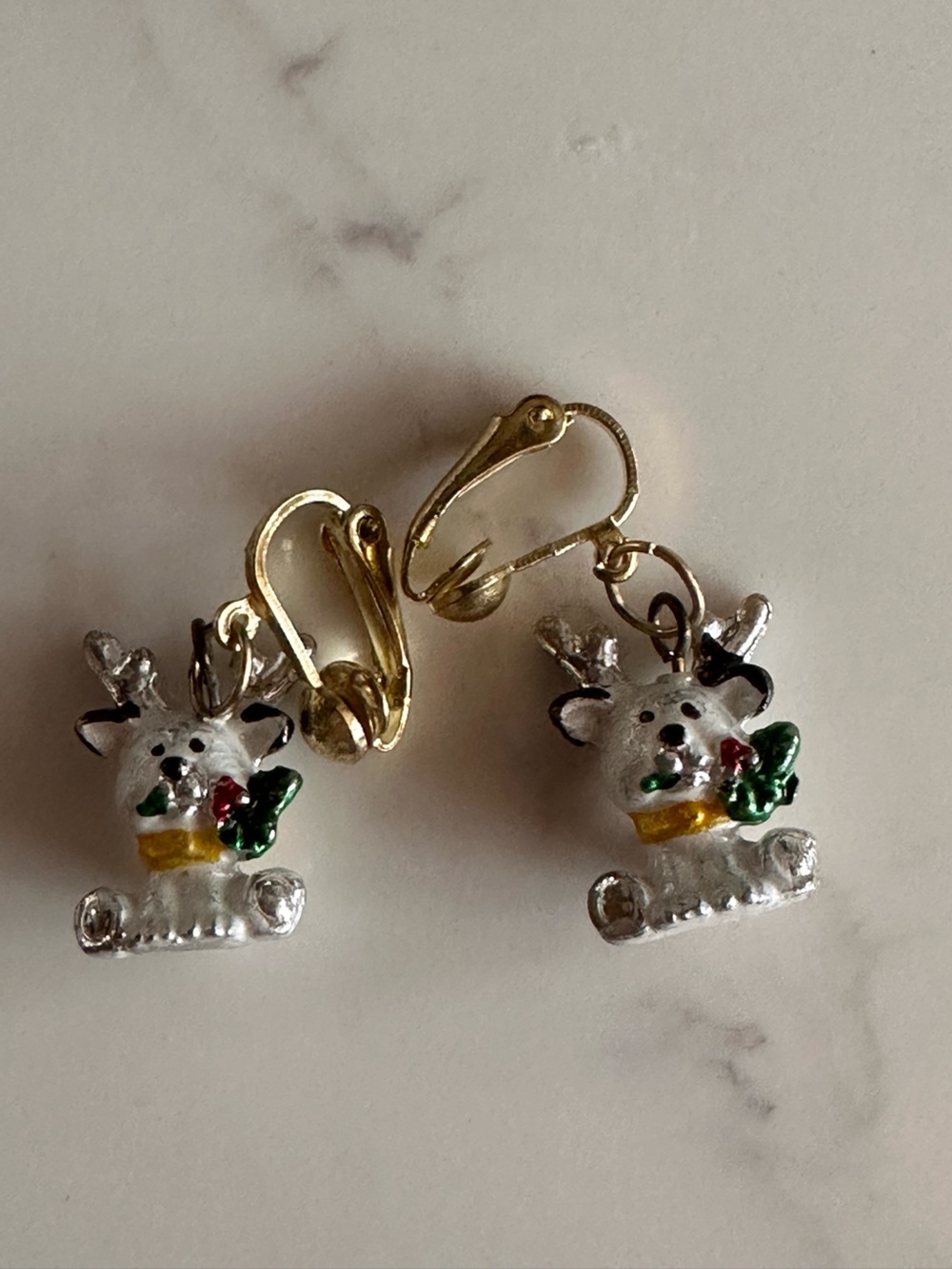 Vintage Silver Reindeer Clip-On Earrings with Green & Gold Accents